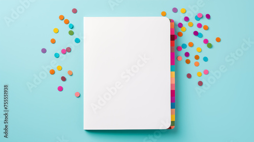 Bloc note blanc sur fond coloré, bleu. Mock-up. Papier, cahier, business, travail, bureau. Pour conception et création graphique. © FlyStun