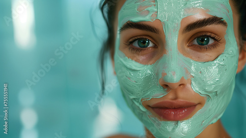 Woman with a facial mask looking at the camera, spa and skincare concept.
