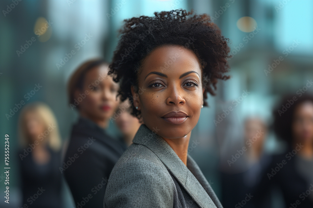 A woman with a serious expression stands in front of a group of people A woman with a serious expression stands in front of a group of people