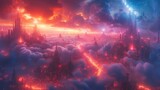 Fiery element and puffs of black smoke illuminated by neon over a futuristic cityscape