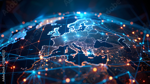 Digital world globe centered on Europe, concept of global network and connectivity on Earth, data transfer and cyber technology, information exchange and international telecommunication © Prasanth
