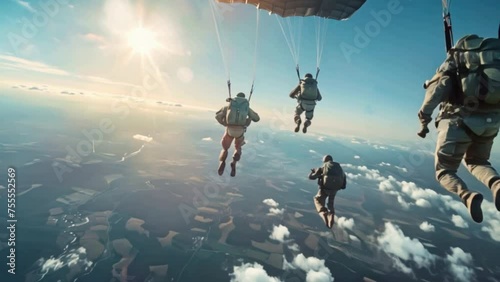 A group of skydivers jumps out of a plane to explore the aerial landscape.	
 photo