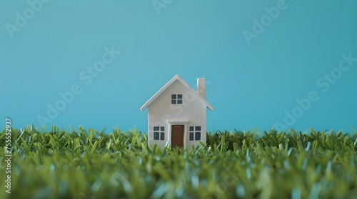 Small house miniature or toy on nature green grassy background, Real estate property single house. businesses.
