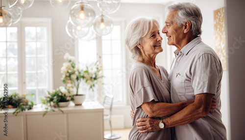 Portrait of happy senior couple embracing each other while standing at home