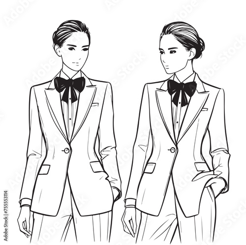 Fashion illustration. Girl in business suit with bow. Line art sketch