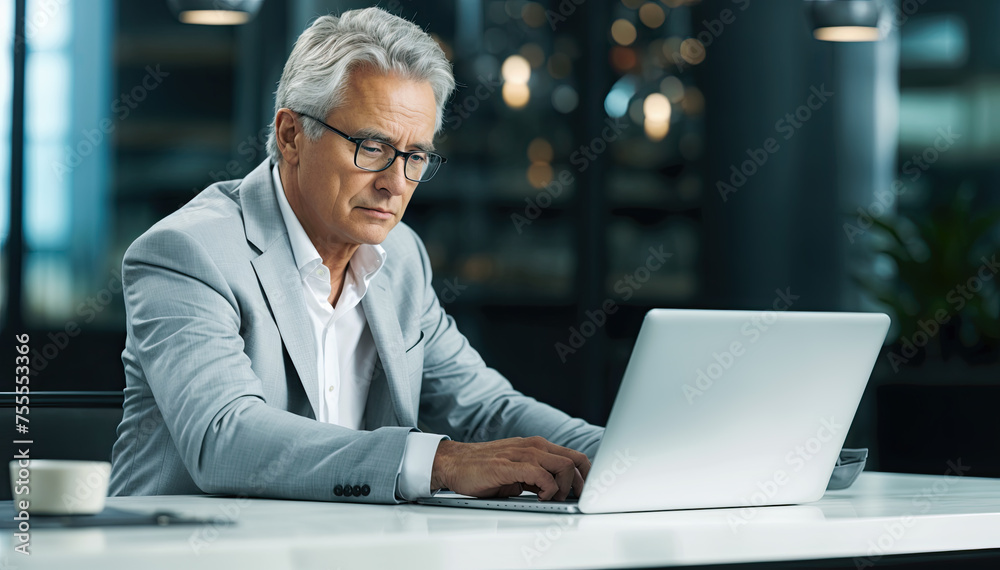 Serious mature businessman working on laptop while sitting at the table in office - obrazy, fototapety, plakaty 