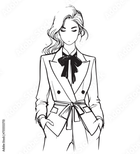 Fashion illustration. Girl in business suit with bow. Line art sketch