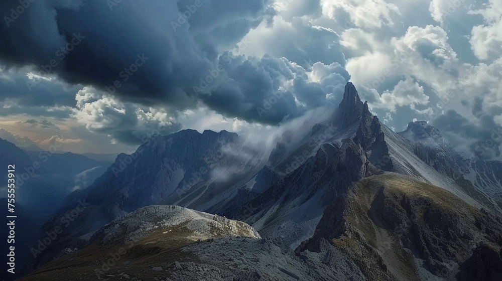 A dynamic mountain scene with storm clouds gathering over rugged peaks, creating a dramatic and moody atmosphere in the alpine landscape.