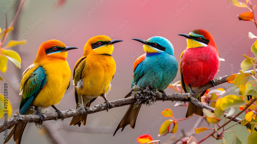 Birds perched on branches, showcasing their colorful array background