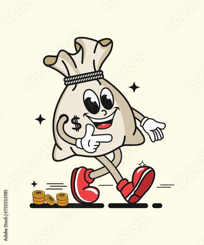 Vector illustration of retro cartoon character of money bag with funny face, perfect for, stickers, posters, t-shirts, mascots, logos, etc