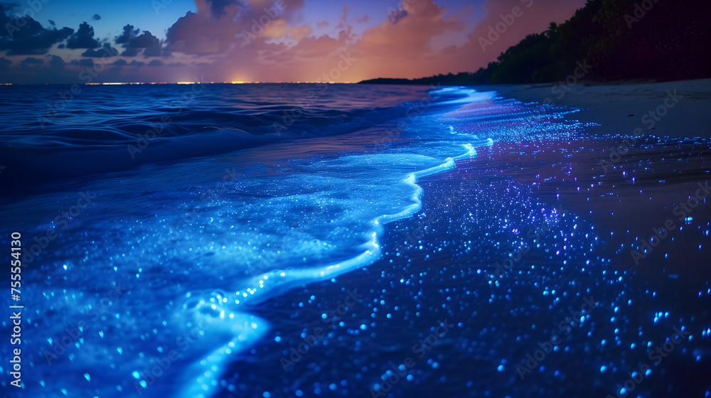 Beach at night with bioluminescent organisms in the waves background