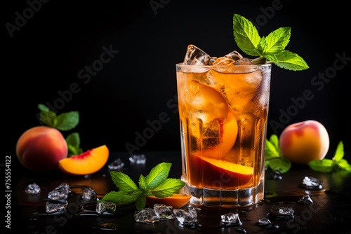 a glass with a drink on a black background. fruits, greens, ice. Vitamins.