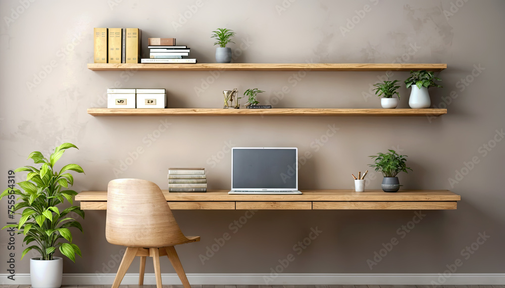 Fototapeta premium Wooden shelf with books, laptop and plants. 3d rendering