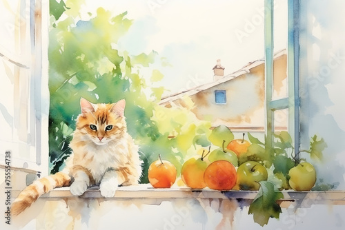 watercolor painting ginger cat sitting on the windowsill in apartment and looking at fruits and vegetables nearby, sunlight shining through the glass