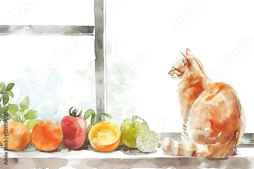watercolor painting ginger cat sitting on the windowsill in apartment and looking at fruits and vegetables nearby, sunlight shining through the glass