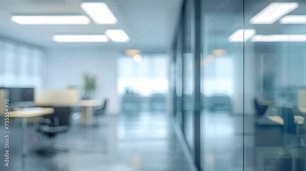 Abstract bokeh office interior background for design. Blurred office space. Copy space.