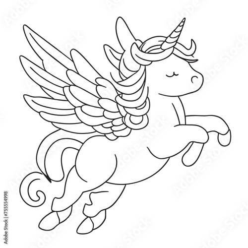 cute unicorn flying coloring for kid  high - resolution cartoon  vector illustration line art