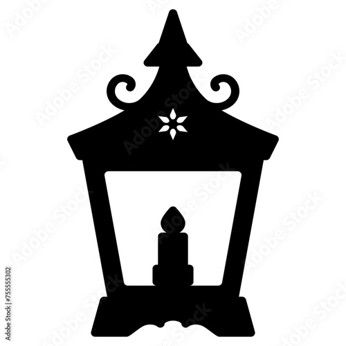 Vector Black silhouette Vintage Lantern Symbol Icon. Illustration of a hanging candle lantern or antique kerosene lamp