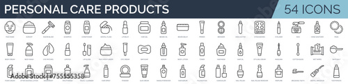 Set of 54 outline icons related to personal care products. Linear icon collection. Editable stroke. Vector illustration