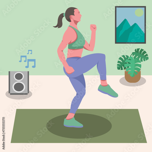 Girl doing High Knees exercise, workout fitness, aerobic and exercises. Vector Illustration.