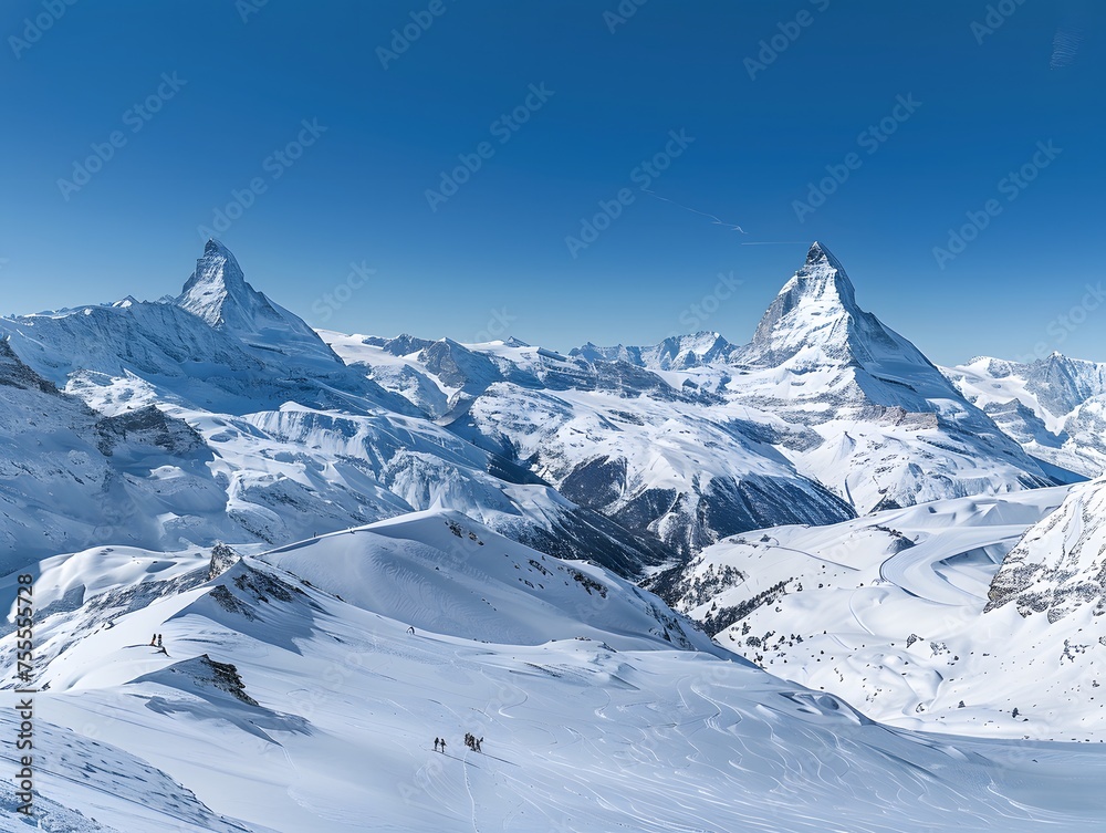 Panoramic winter wonderland of Zermatt's snowy peaks under a clear blue sky, captured with a Canon EOS R5 and Nikon lens in a 4:3 aspect ratio.