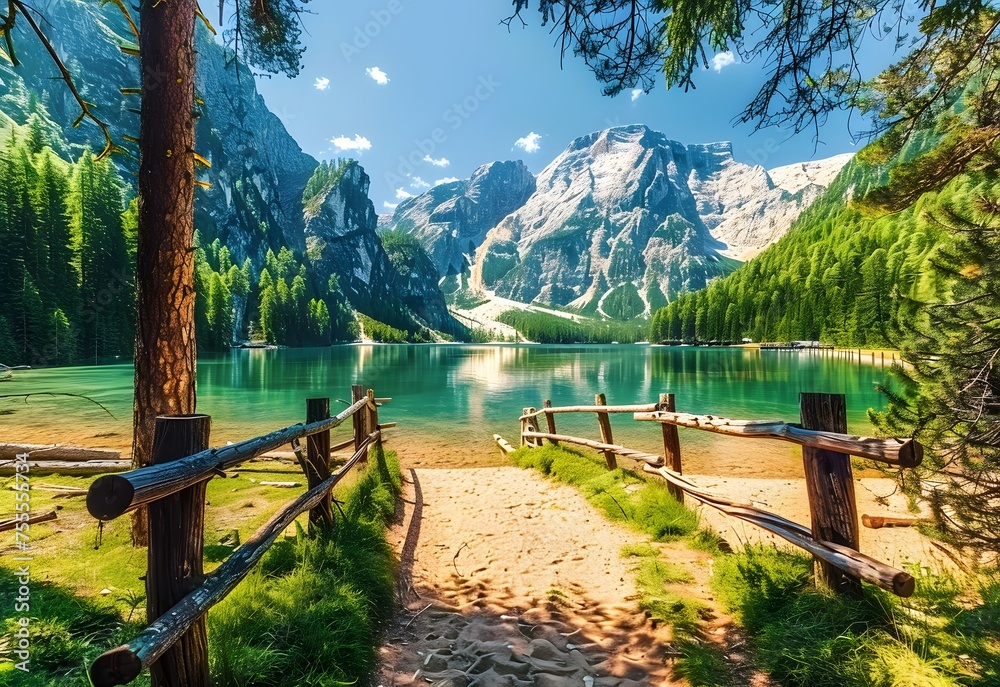 Scenic view of Lake Braies with crystal-clear water, surrounded by lush greenery and majestic mountains under a bright blue sky.