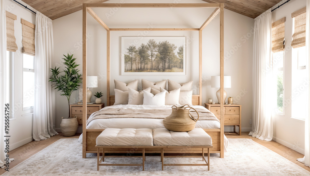 Fototapeta premium Modern bedroom interior design. 3d rendering mock up of a bedroom in Scandinavian style