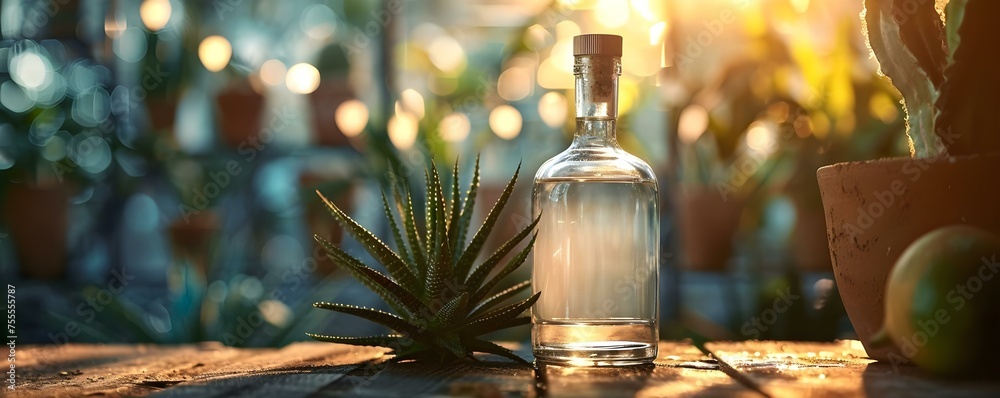 Obraz premium Unbranded tequila bottle against rustic backdrop. Concept Alcohol Photography, Tequila Bottle, Rustic Backdrop, Unbranded Product, Beverage Marketing
