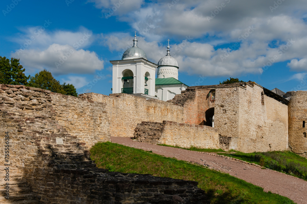 Izborsk, Russia, September 7, 2023. Entrance to the fortress and view of the cathedral.