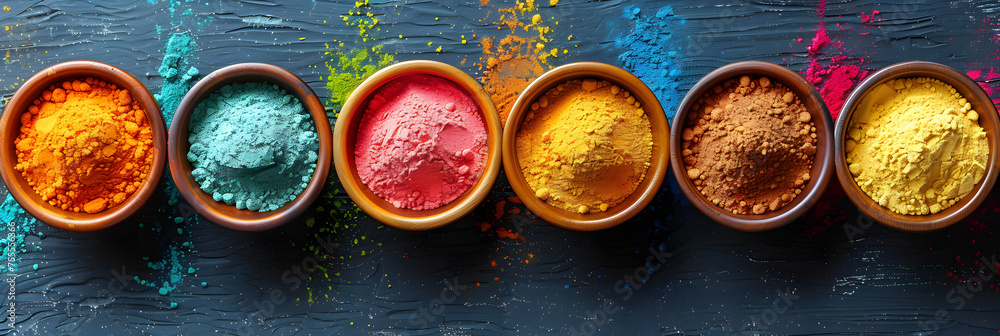 Fototapeta premium Panoramic view of Holi color powder bowls, Top View of Colorful Traditional Holi Powder