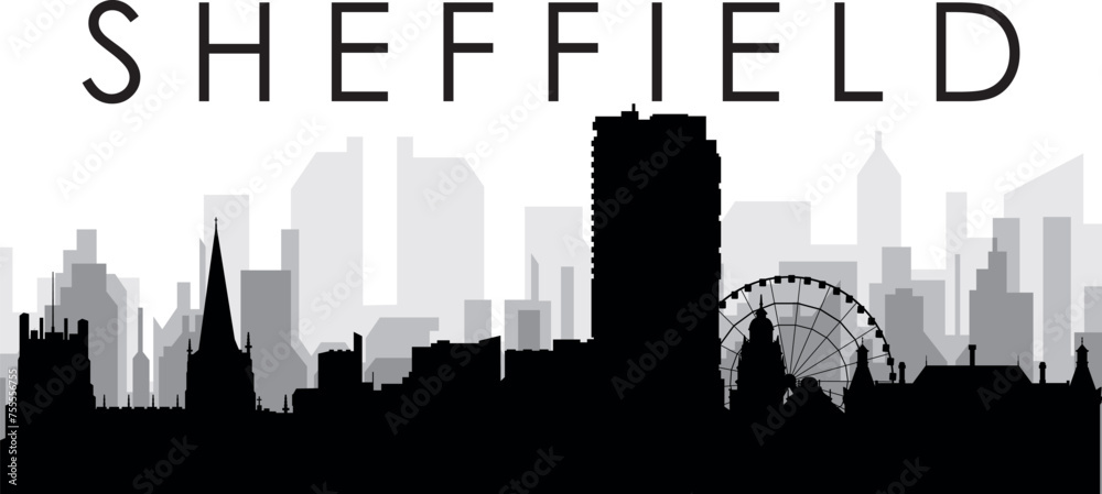 Black cityscape skyline panorama with gray misty city buildings background of SHEFFIELD, UNITED KINGDOM
