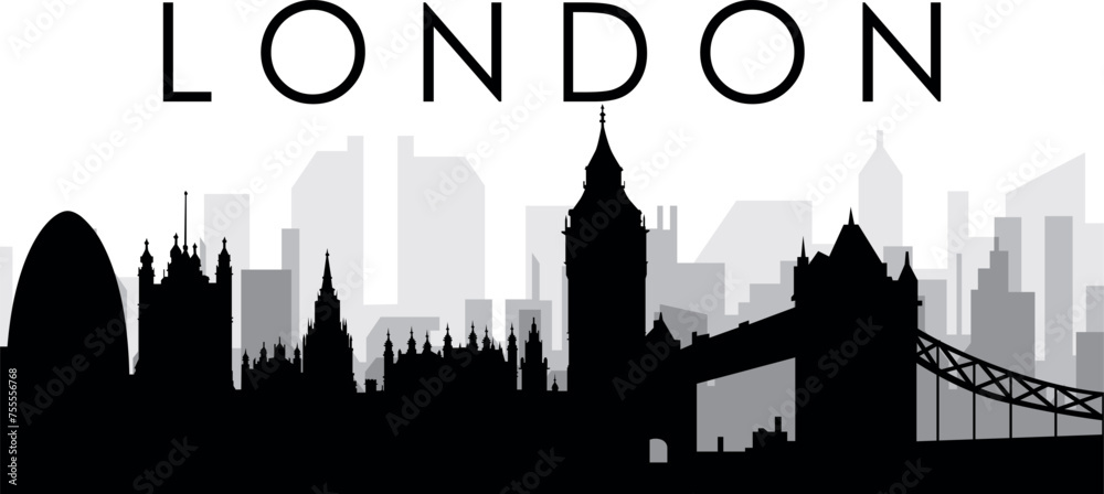Black cityscape skyline panorama with gray misty city buildings background of LONDON, UNITED KINGDOM