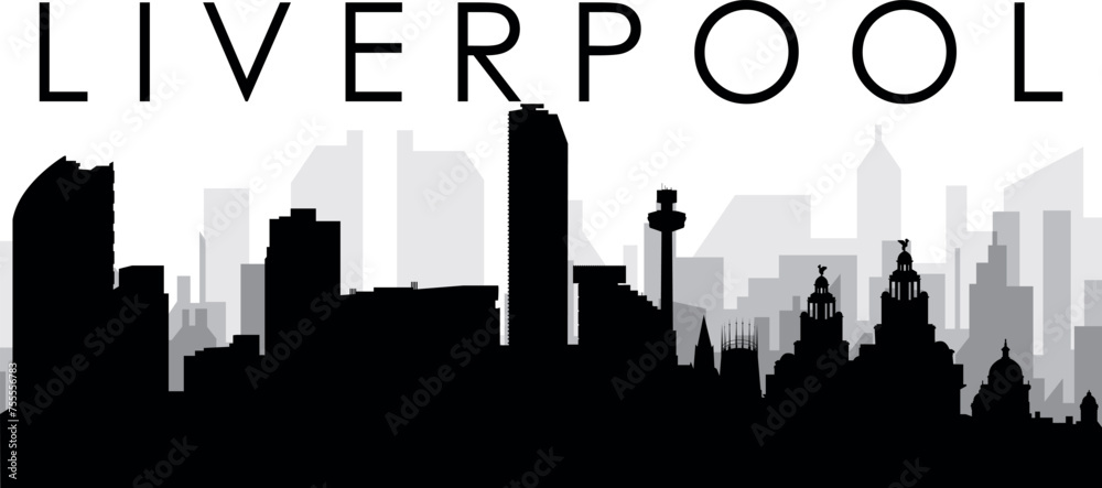 Black cityscape skyline panorama with gray misty city buildings background of LIVERPOOL, UNITED KINGDOM