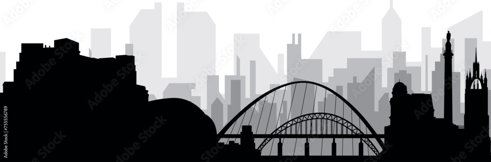 Black cityscape skyline panorama with gray misty city buildings background of NEWCASTLE, UNITED KINGDOM Black cityscape skyline panorama with gray misty city buildings background of NEWCASTLE, UNITED KINGDOM