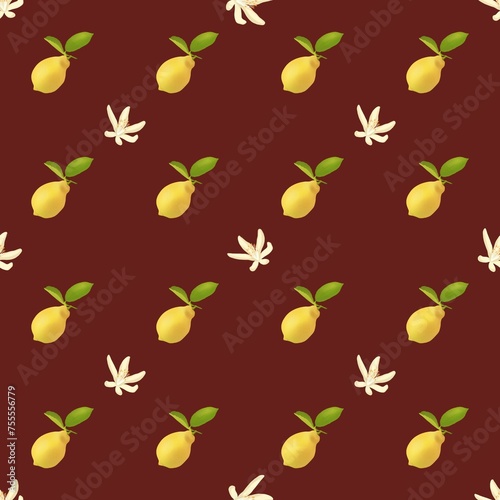 Lemon fruits on red background. Seamless botany pattern. Flowers, Leaves, Lemons. Digital illustration, hand drawn. For packing, textile, paper and any DIY.