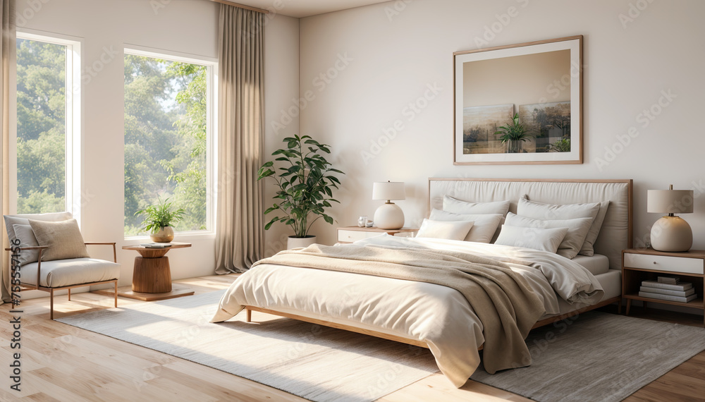 Fototapeta premium Modern bedroom interior design. 3d render illustration mock up scene.