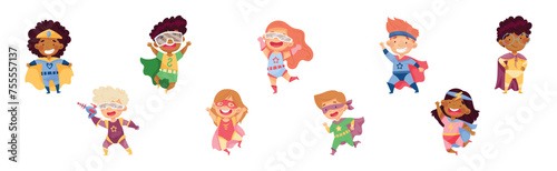 Cute Kid Superhero in Costume Have Super Power Vector Set