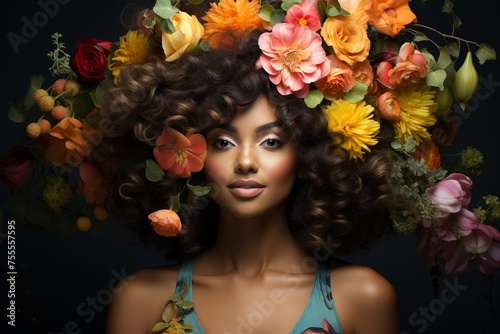 portrait of beautiful black woman with afro hair made of tropical fruits and flowers, artistic composition, on gray