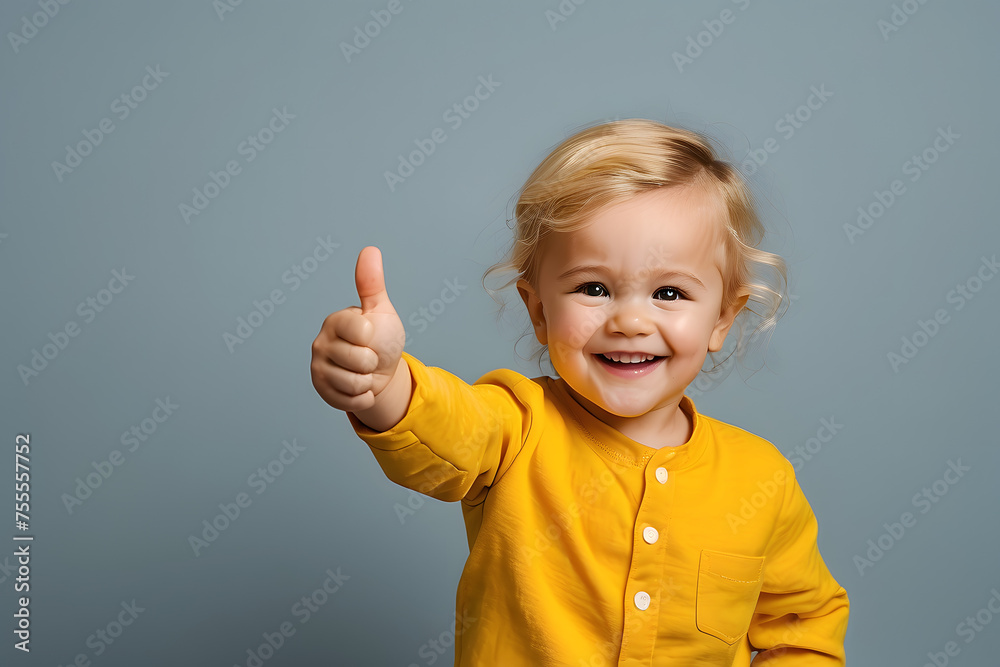 A cute toddler giving a thumbs up on nice yellow background. A happy, beautiful young girl painted with artistic paints. banner concept. Generative ai. A cute toddler giving a thumbs up on nice yellow background. A happy, beautiful young girl painted with artistic paints. banner concept. Generative ai.