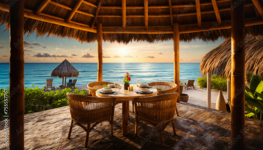 Tropical restaurant with table and chairs on the beach at sunset