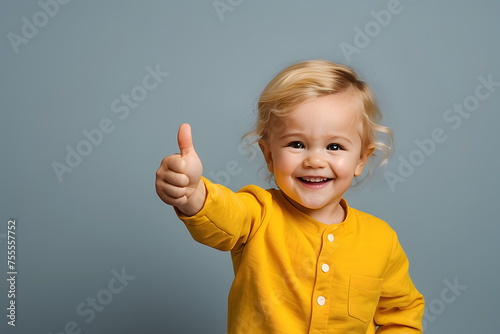 A cute toddler giving a thumbs up on nice yellow background. A happy, beautiful young girl painted with artistic paints. banner concept. Generative ai.