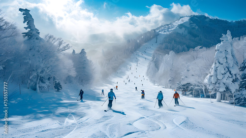 Skiers and snowboarders descending down snowy mountain slopes background