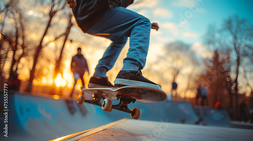Skateboarders performing tricks and jumps in a dynamic park background