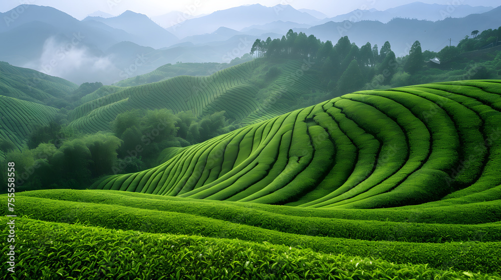 Rolling hills of tea plantations in China background