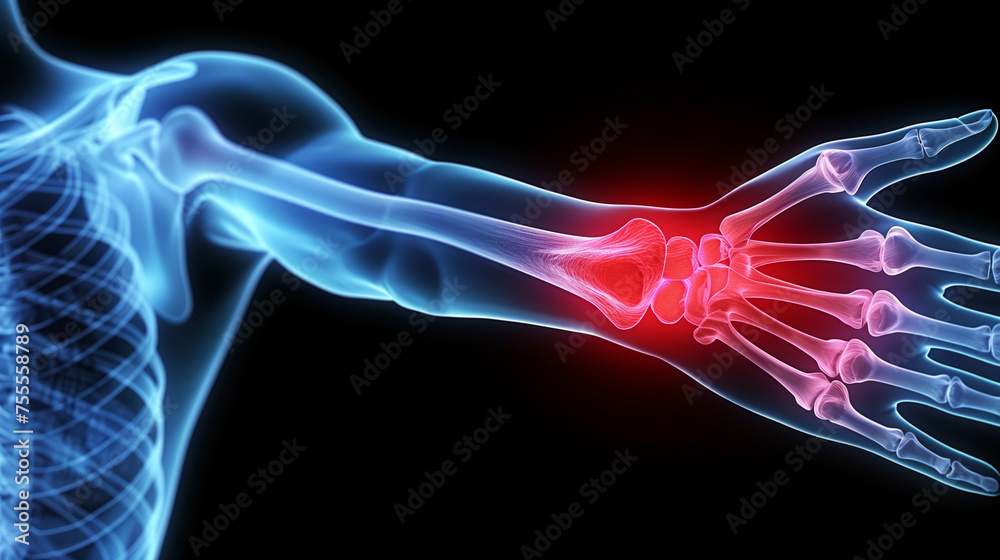llustration of wrist pain, highlighted in red on the wrist area, on black background, x-ray human body.