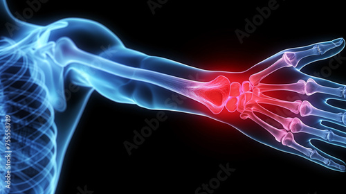 llustration of wrist pain, highlighted in red on the wrist area, on black background, x-ray human body.