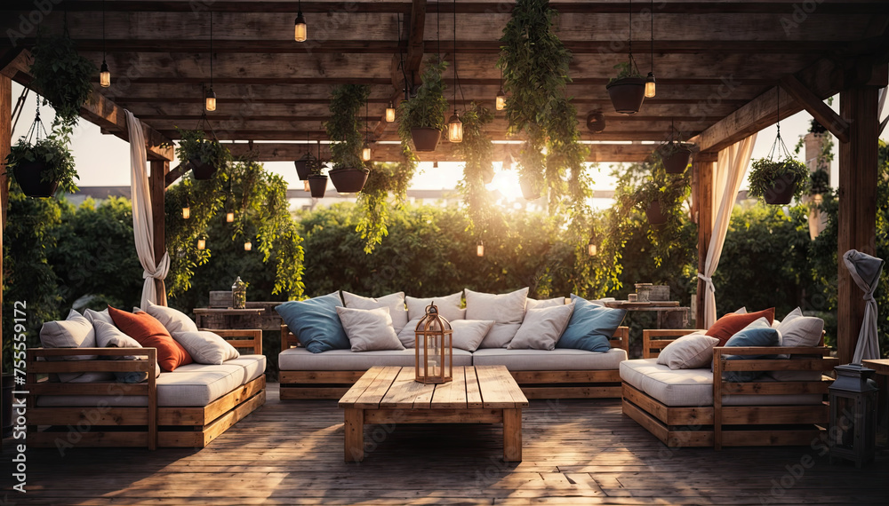 Fototapeta premium Outdoor terrace with wooden furniture and cushions at sunset.
