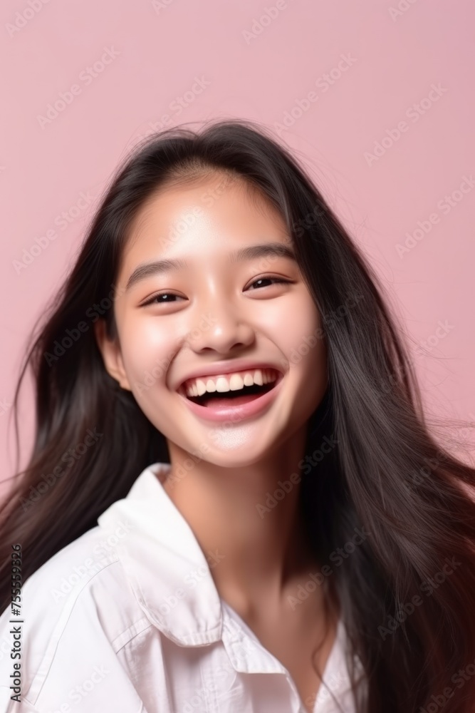 Vibrant portrait of a glowing Asian teenager with a carefree laugh, set against a soft-pink backdrop. Created with generative A.I. technology Vibrant portrait of a glowing Asian teenager with a carefree laugh, set against a soft-pink backdrop. Created with generative A.I. technology