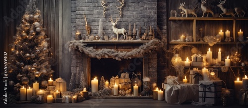 A fireplace with multiple lit candles placed in front of it, creating a warm and inviting atmosphere in a cozy living room setting. The flickering flames illuminate the space, casting a soft glow on