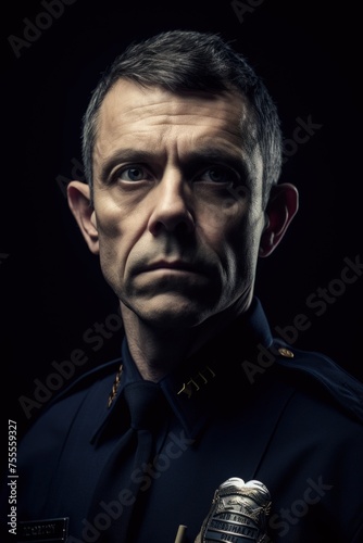 A no-nonsense police officer with a serious demeanor captured in a dark, brooding atmosphere, exuding authority. Created with generative A.I. technology